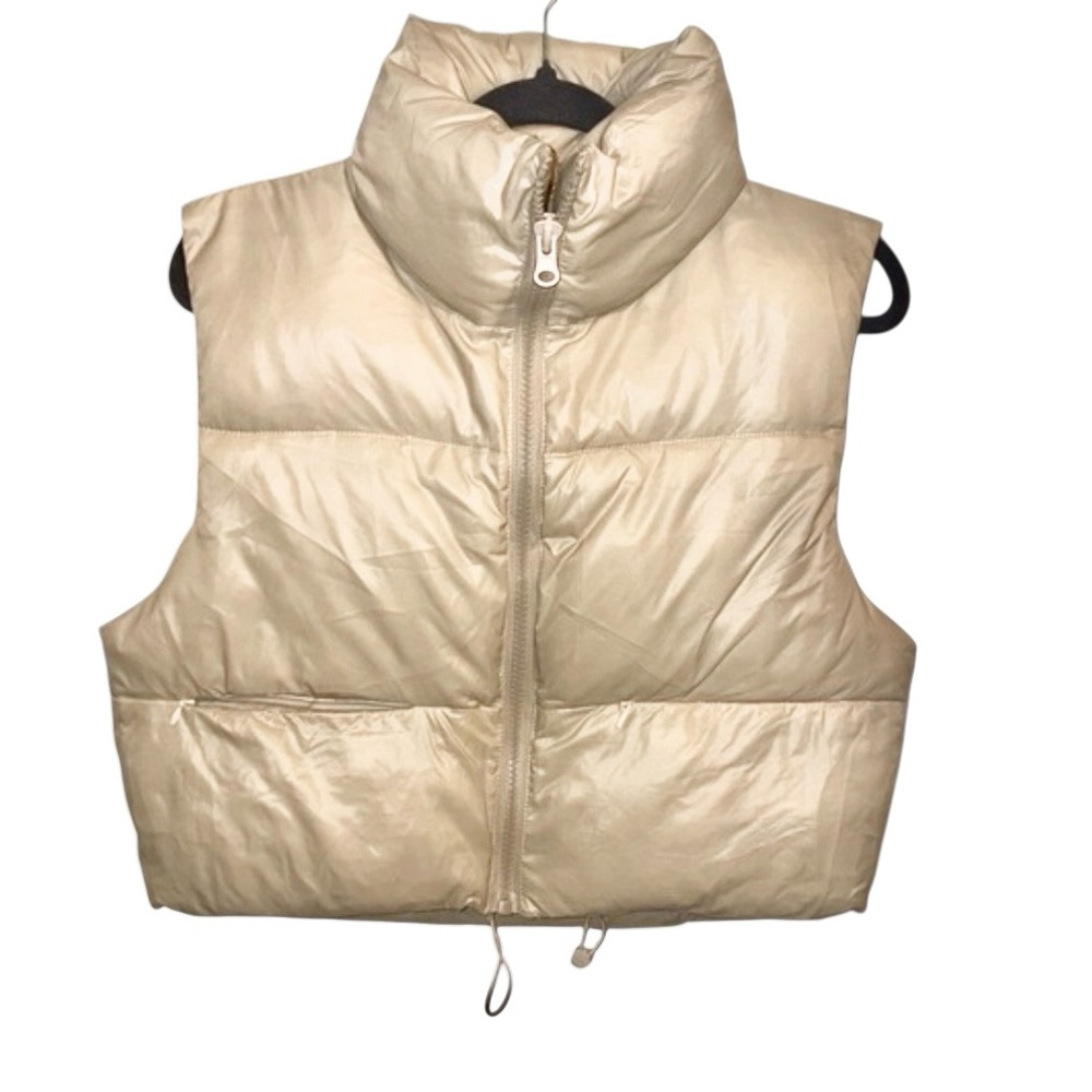 Automet Cropped Puffer Vest Zip Up Stand Collar Sleeveless Padded Crop Tan Sz S